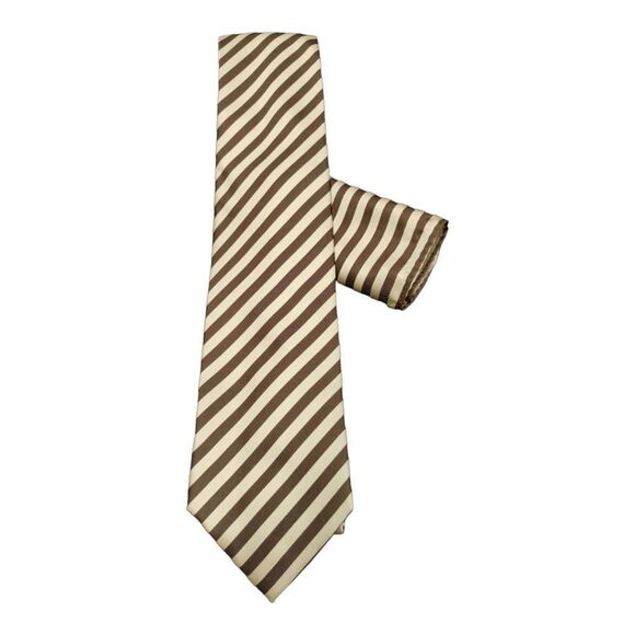 MEN'S ST. PATRICK BROWN/IVORY THIN DIAGONAL STRIPE TIE & POCKET SQUARE SET. - Picture 1 of 4